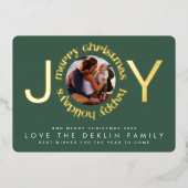 モダンクリスマスグリーン金ゴールドJOYリース写真 箔シーズンカード (正面)