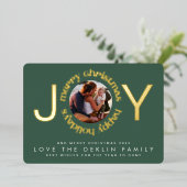 モダンクリスマスグリーン金ゴールドJOYリース写真 箔シーズンカード (立ち正面)