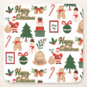 モダンクリスマスサンタとジンジャーブレッド スクエアペーパーコースター (正面)