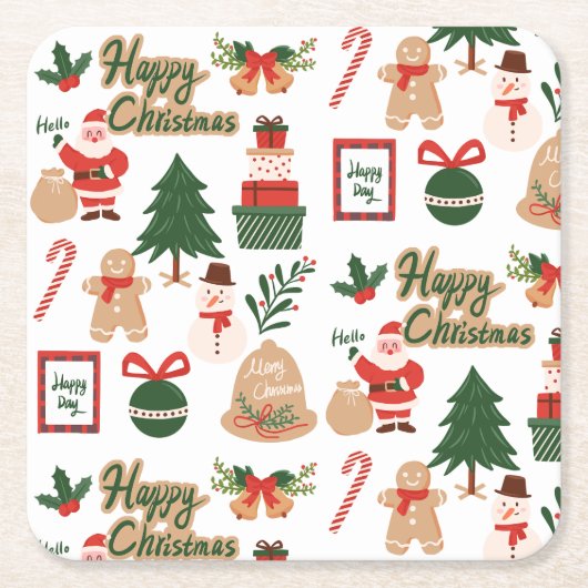 モダンクリスマスサンタとジンジャーブレッド スクエアペーパーコースター (正面)