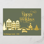モダンクリスマスシティハッピーホリデー 箔シーズンカード (正面)