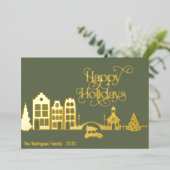 モダンクリスマスシティハッピーホリデー 箔シーズンカード (立ち正面)