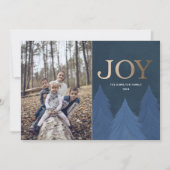 モダンクリスマスジョイ金ゴールド&ブルーツリー シーズンカード (正面)