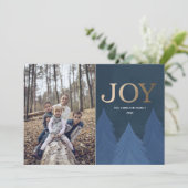 モダンクリスマスジョイ金ゴールド&ブルーツリー シーズンカード (スタンド正面)