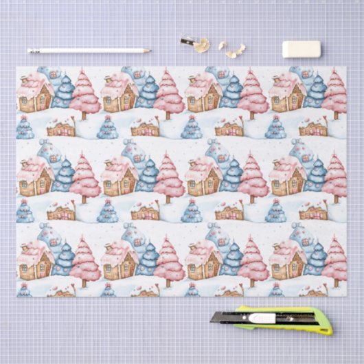 モダンクリスマスジンジャーブレッドハウスキュートパステル 薄葉紙 (クラフト)