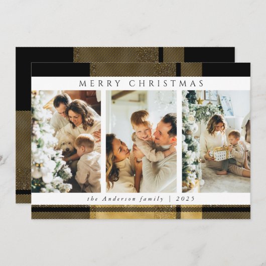 モダンクリスマススタイリッシュ金ゴールドプレイド写真コラージュ シーズンカード (正面/裏面)