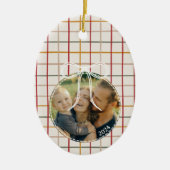 モダンクリスマスストライプの写真1枚 セラミックオーナメント (正面)