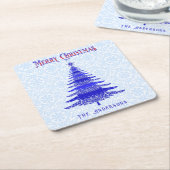 モダンクリスマスツパーソナライズされたリーブルー雪 スクエアペーパーコースター (アングル)