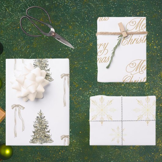 モダンクリスマスツリーと可愛い弓パターン ラッピングペーパーシート