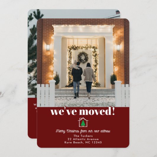 モダンクリスマスツリーのダークレッドの動く発表 サンキューカード (正面/裏面)