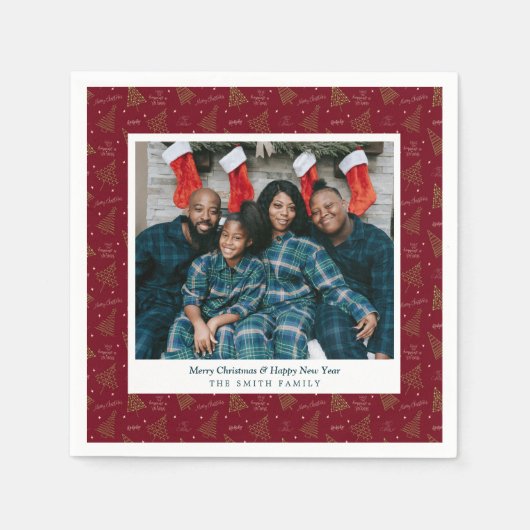 モダンクリスマスツリーの新年の写真と挨拶 スタンダードカクテルナプキン (正面)