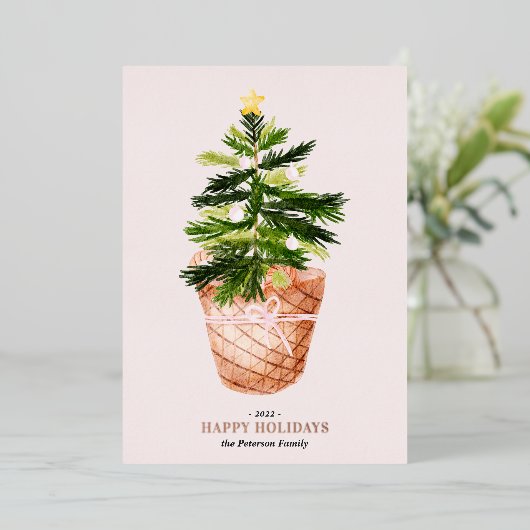 モダンクリスマスツリーの水彩弓イラストレーション 箔シーズンカード (立ち正面)