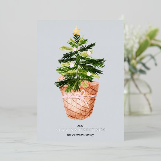 モダンクリスマスツリーの水彩弓イラストレーション 箔シーズンカード (立ち正面)