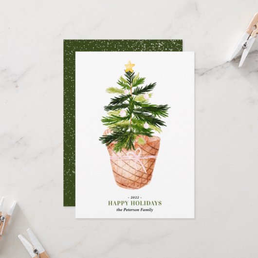 モダンクリスマスツリーウォーターカラーボウイラストレーション カード (正面/裏面インサイチュ)