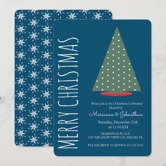 モダンクリスマスツリーグリーンドットホリデーパーティー 招待状 (正面/裏面)
