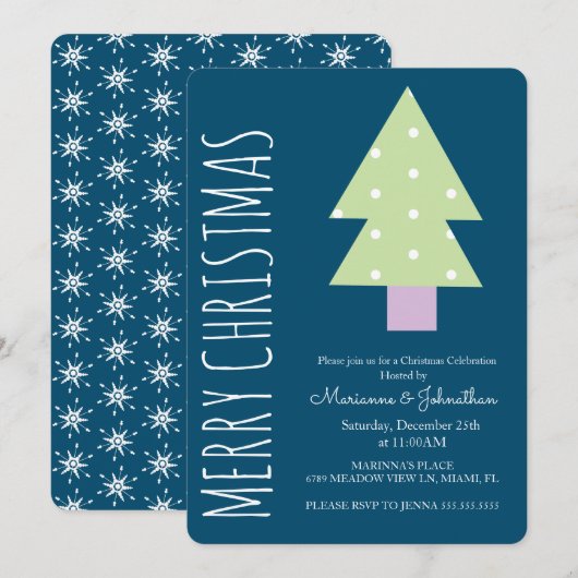 モダンクリスマスツリーグリーンピンクホリデーパーティー 招待状 (正面/裏面)
