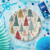 モダンクリスマスツリーグリーンブルーレッド金ゴールドパターン ペーパープレート (パーティー)