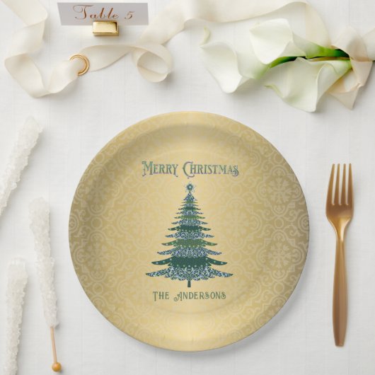 モダンクリスマスツリーグリーン金ゴールド名オーナメント ペーパープレート (ウェディング)
