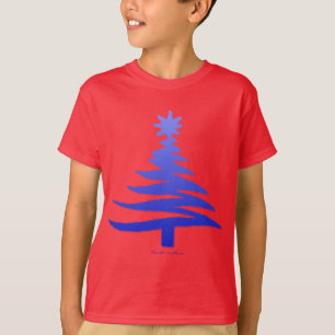 モダンクリスマスツリーステンシルプリントブルー Tシャツ
