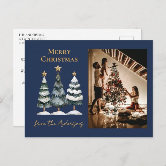 モダンクリスマスツリーズ家族写真海軍ブルー シーズンポストカード (正面/裏面)