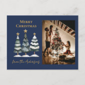 モダンクリスマスツリーズ家族写真海軍ブルー シーズンポストカード (正面)