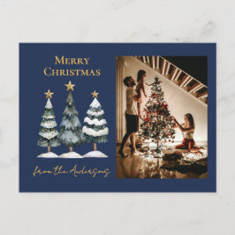 モダンクリスマスツリーズ家族写真海軍ブルー シーズンポストカード