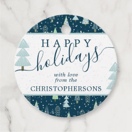 モダンクリスマスツリーハッピーホリデーズスクリプトブルー フェイバータグ