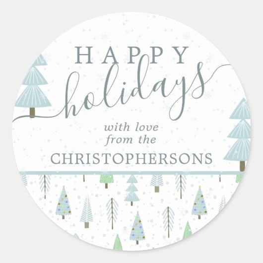 モダンクリスマスツリーハッピーホリデーズスクリプトブルー ラウンドシール (正面)