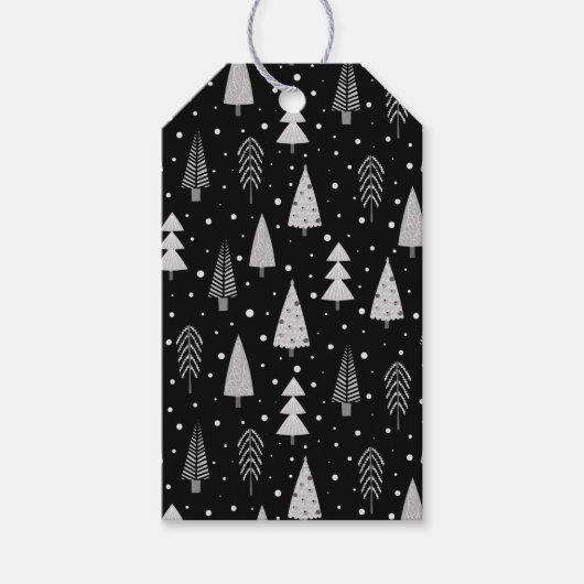 モダンクリスマスツリーパターンシルバーグレーブラック ギフトタグ (正面)