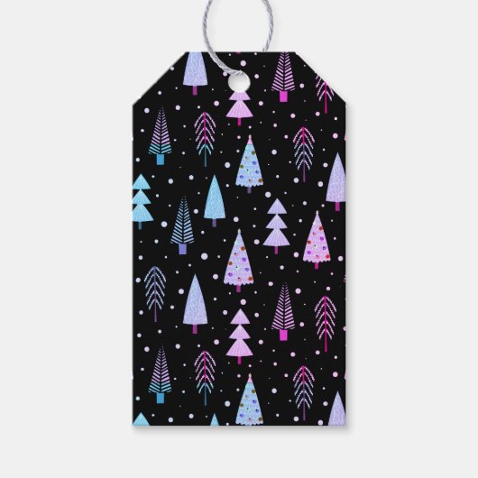 モダンクリスマスツリーパターンパープルピンクブラック ギフトタグ (正面)