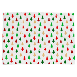 モダンクリスマスツリーパターン – 赤い緑と金ゴールド ラージペーパーバッグ