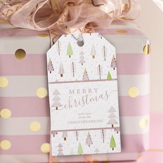 モダンクリスマスツリーメリークリスマスピンク ギフトタグ