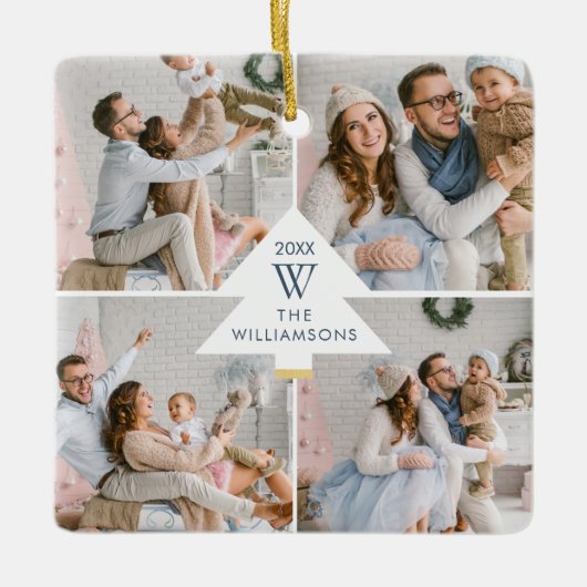モダンクリスマスツリーモノグラムフォーフォトファミリー セラミックオーナメント (正面)