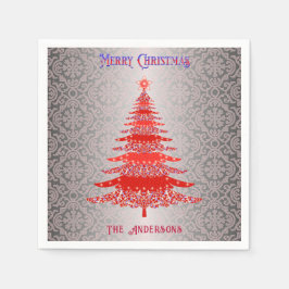 モダンクリスマスツリーレッドシルバーネームオーナメント スタンダードカクテルナプキン