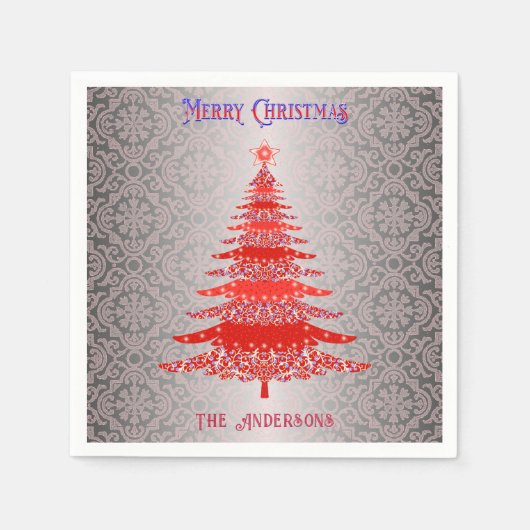 モダンクリスマスツリーレッドシルバーネームオーナメント スタンダードカクテルナプキン (正面)