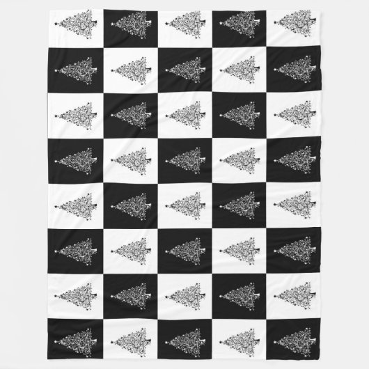 モダンクリスマスツリー付き白黒の正方形 フリースブランケット (正面)