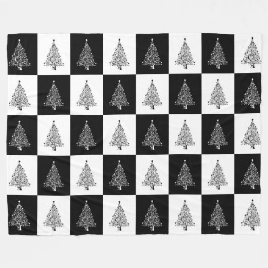 モダンクリスマスツリー付き白黒の正方形 フリースブランケット (正面(横))
