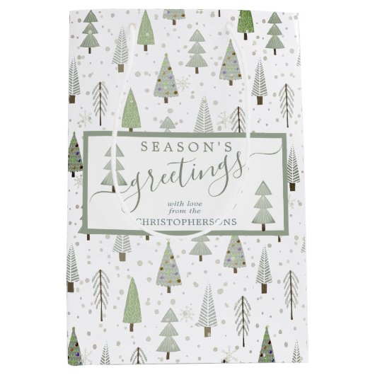 モダンクリスマスツリー季節のごあいさつスクリプト ミディアムペーパーバッグ (正面)