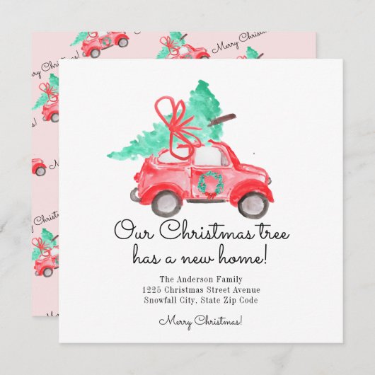 モダンクリスマスツリー新しいホームカースクリプト移動 案内状 (正面/裏面)