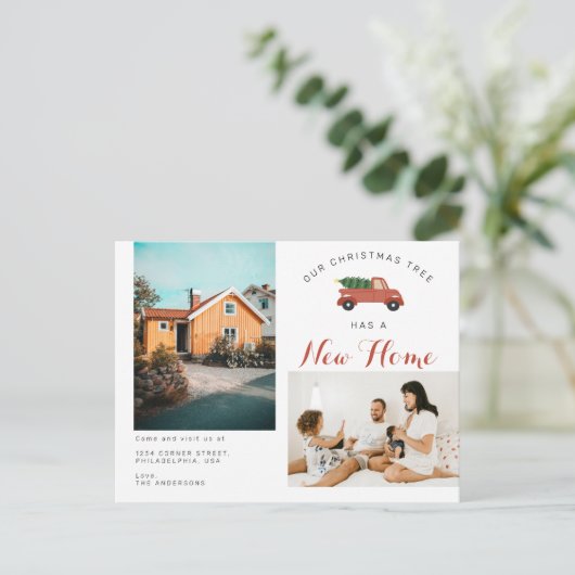 モダンクリスマスツリー新しいホームレッドカームービング 案内ポストカード (スタンド正面)