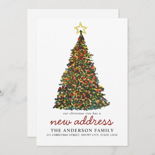 モダンクリスマスツリー新しい住所ホリデー移動 案内状 (正面/裏面)