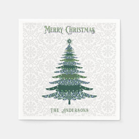 モダンクリスマスツリー緑パーソナライズされた白 スタンダードカクテルナプキン (正面)