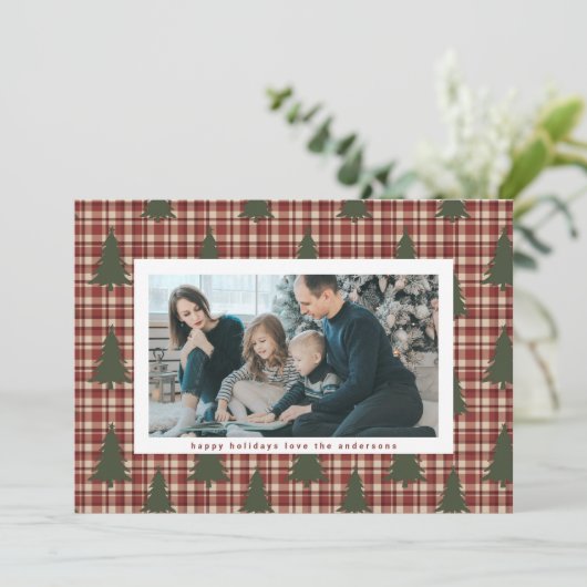 モダンクリスマスツリー赤いマルーンの写真のプレイド シーズンカード (スタンド正面)