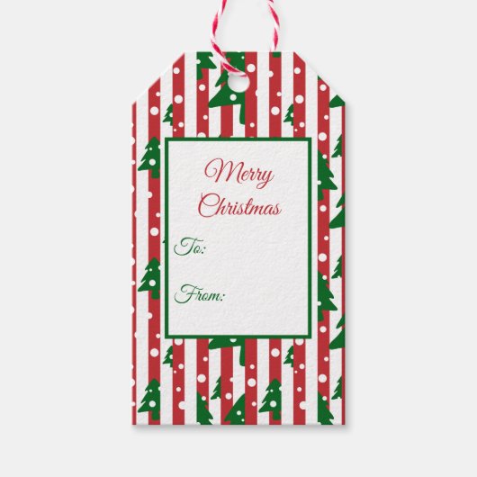 モダンクリスマスツリー赤い緑のパタストライプのーン ギフトタグ (正面)