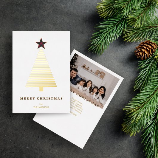 モダンクリスマスツリー赤タータンチェック星写真 箔シーズンカード