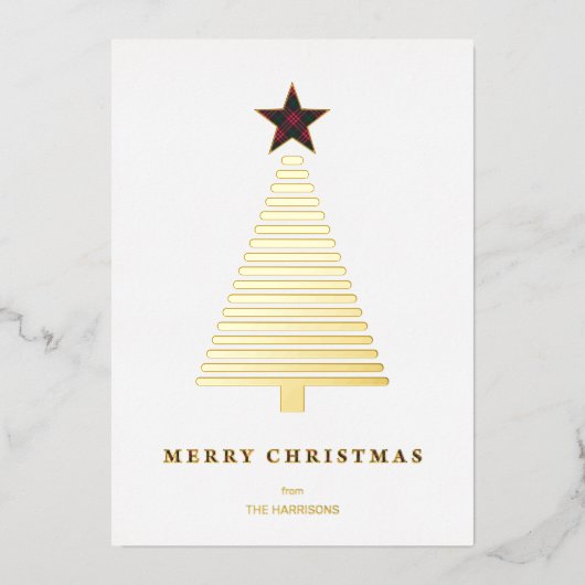 モダンクリスマスツリー赤タータンチェック星写真 箔シーズンカード (正面)