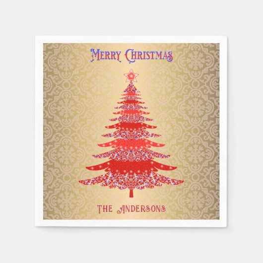 モダンクリスマスツリー赤金ゴールド名オーナメント スタンダードカクテルナプキン (正面)