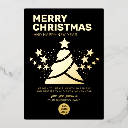 モダンクリスマスツリー金ゴールドとブラックビジネス 箔シーズンカード (正面)