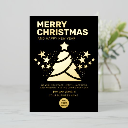 モダンクリスマスツリー金ゴールドとブラックビジネス 箔シーズンカード (立ち正面)
