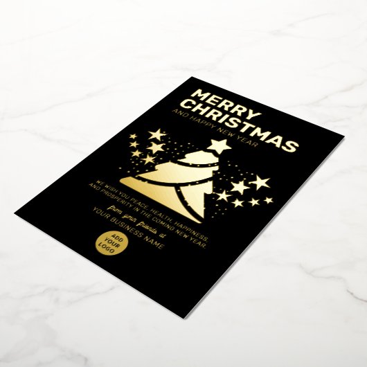 モダンクリスマスツリー金ゴールドとブラックビジネス 箔シーズンカード (回転した状態)